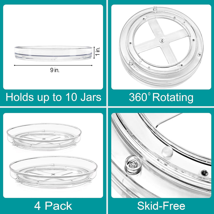 Sorbus 9 Inch Flat Clear Lazy Susan Organizer, Turntable Organizer for Spice Organization for Cabinet, Lazy Susan Turntable for Kitchen, Home, Office, Closet, Laundry Room Organization (4-Pack)