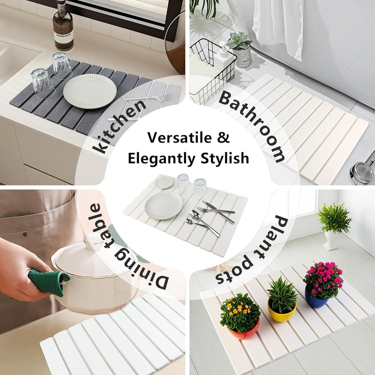 Large Stone Drying Mat for Kitchen Counter Diatomaceous Earth Collapsible 24”(L)*16”(W)Super Heat Resistant Mats, Quick Absorbent Dish Drying Rack(Gray marble)