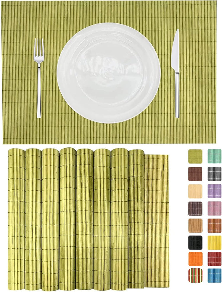 ANDSTAR Set of 8 Pcs Bamboo Placemats Sushi Rolling Mat Japanese Style Natural Anti-Slip Bamboo Placemats Washable Heat-Resistant Table Mats for Dining Room and Kitchen(Green)