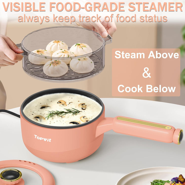 TOPWIT Hot Pot Electric with Steamer, đđ Electric Pot, Non-Stick Portable Cooker, Portable Pot, SautĂ© Pan for Steak, Egg, Ramen, Soup with Dual Power Control (Silicone Spatula Included), Peach