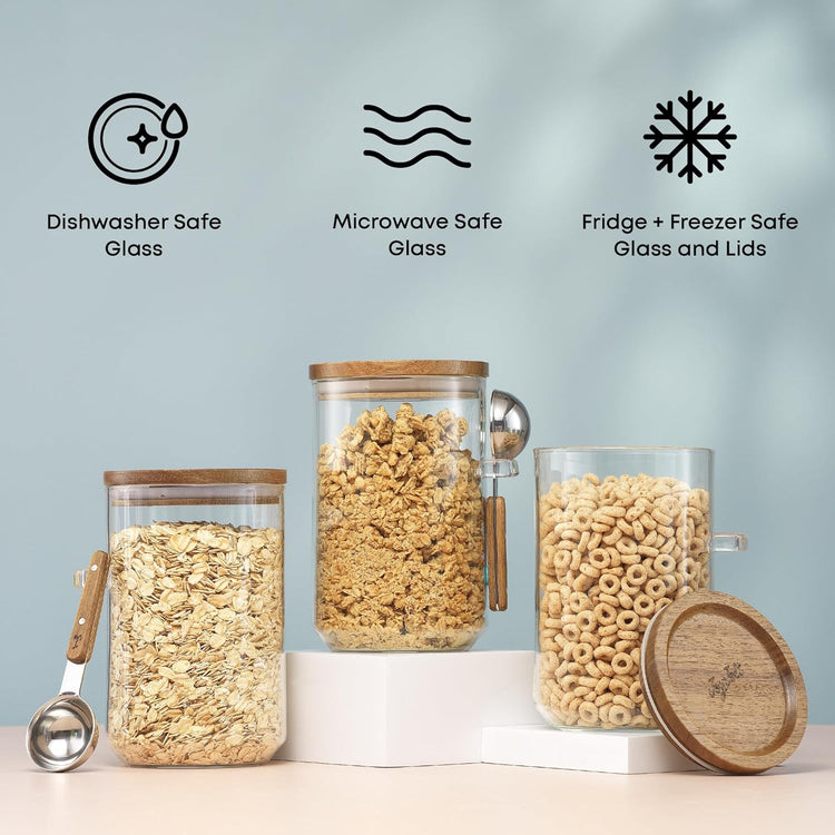 JoyJolt Holden 32oz Stackable Glass Storage Containers with Lids and Scoops, Airtight Food Canister Set of 3 w/Acacia Wood Lids, Round Stacking Pantry and Kitchen Containers w/Scoop | Clear