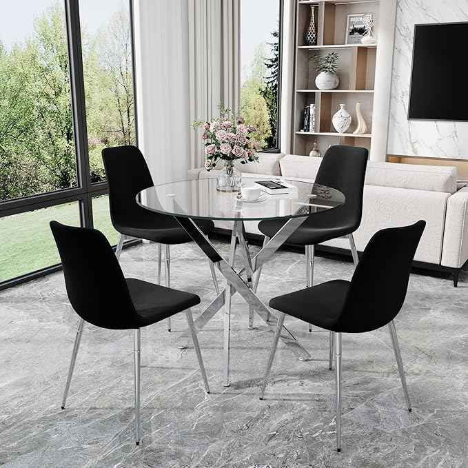 AF ARTISAN FURNITURE 36" Round Glass Dining Table Set for 4, 5-Piece Modern Kitchen Table with 4 Black Scoop Velvet Chairs, Modern Circle Leisure Table for Home Office Dining Room (Silver Leg)