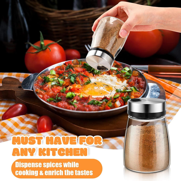 Zhehao 10 Pcs Salt Pepper Shakers Set with Adjustable Pour Holes Stainless Steel Spice Dispenser 6oz Clear Glass Seasoning Containers for Kitchen Restaurant Home BBQ Camping Farmhouse Accessories