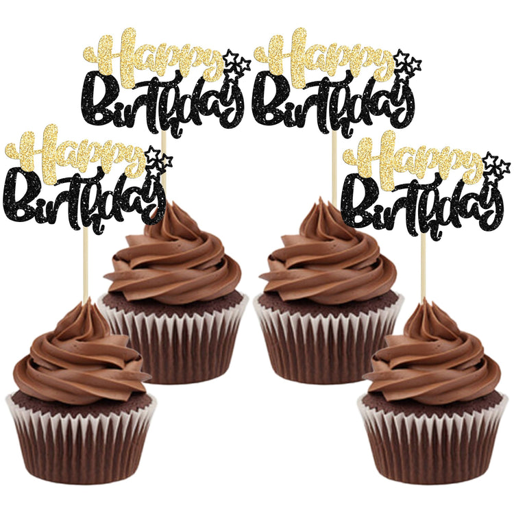 24Pcs Happy Birthday Cupcake Toppers Double Layer Glitter Happy Birthday Cake Decorations for Celebrating Baby Shower Theme Kids Boys Girls Birthday Party Cake Decorations Supplies Black Gold (24 Count)