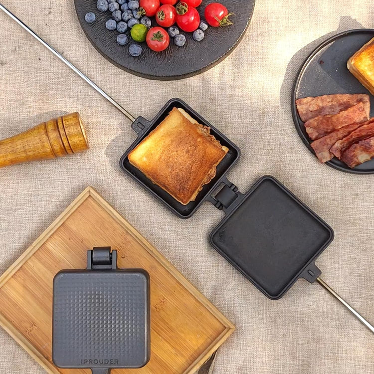 Campfire Pie Iron 4.9" Large Cast Iron Sandwich Maker for Camping 2 Pcs with Storage Bag (2 Count)