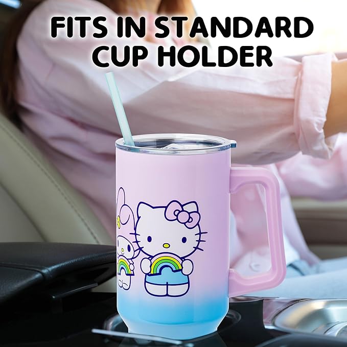 Silver Buffalo Sanrio Hello Kitty and Friends Featuring My Melody, Kuromi, Pompompurin Rainbow Ombre Double Walled Stainless Steel Tumbler with Handle and Straw, Fits in Standard Cup Holder, 40 Ounces