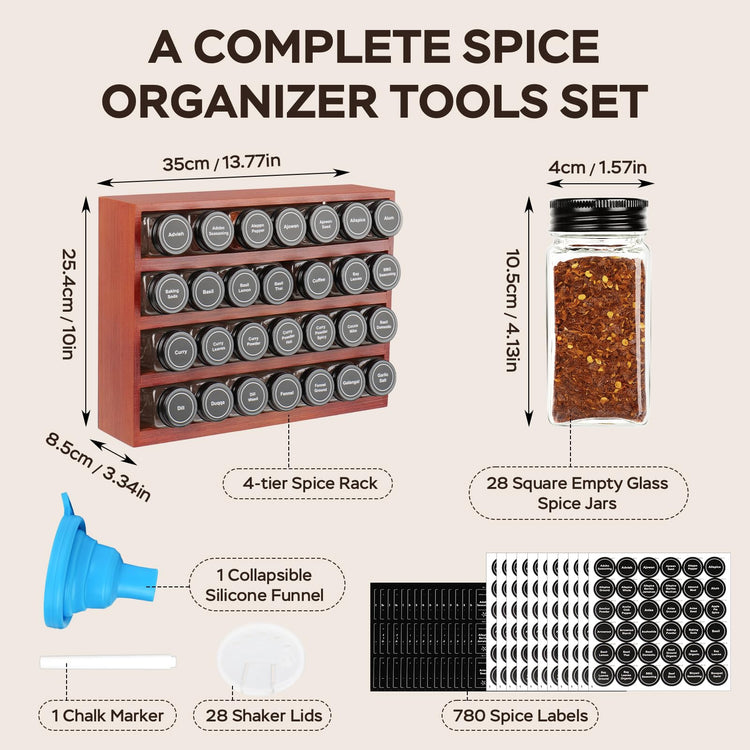 Bamboo Spice Rack Organizer with 28 Glass Spice Jars 4 oz Set Cherry Stain (28 Count)