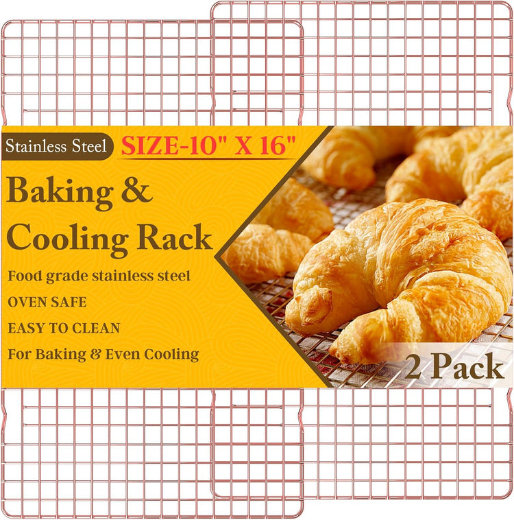 2PCS Cooling Racks for Cooking and Baking - 10" x 16"Heavy Duty Stainless Steel Wire Rack for Baking, Grilling, Roasting - Oven & Dishwasher Safe - Fits Half Sheet Pan(Rose Gold)