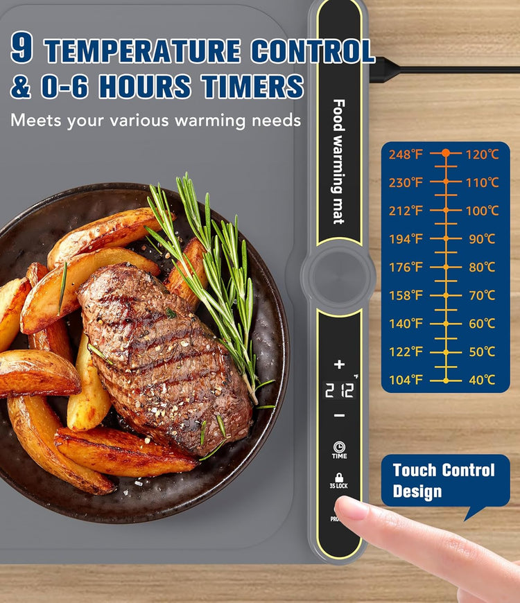 Food Warming Mat, Rapid Heating Electric Warming Tray with 9 Temp Setting and 6 Hours Timer, Foldable Warming Mat for Food, Portable Food Warmers for Parties Buffet, Gray