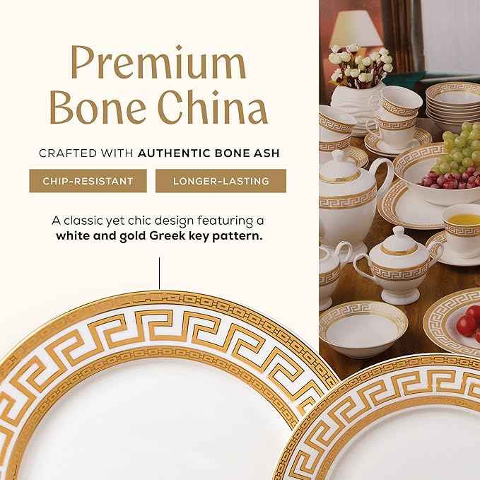 Joseph Sedgh Collection 57-Piece Bone China Dinnerware Set, Service for 8, White and Golden Greek Key