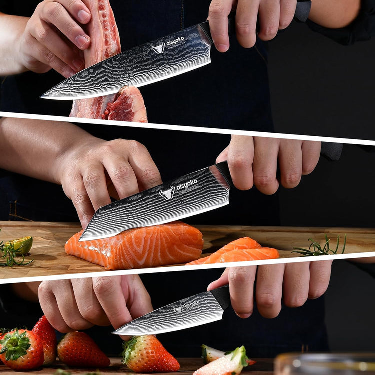 8C Damascus Knife Set - 3PC Chef's Knife, Kitchen and Paring Knives, High Carbon Stainless Steel, Ergonomic Full Tang ABS Anti-Skid Handle