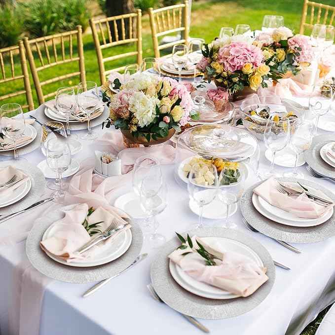 Tanlade 12 Pcs Charger Plates Bulk 13 Inch Plastic Round Wedding Chargers Floral Decorative Plates with Metallic Ruffled Rim for Wedding Party, Holiday Event Supplies(Silver)