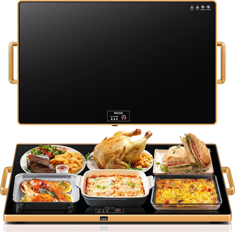 Electric Warming Tray (XXL 32”x18”),Food Warmers for Parties Buffet with Thermostat & Full Surface Heating, Tempered Glass Warming Mat for Food, Temperature Adjustable Gold Handles Food Warming Mat