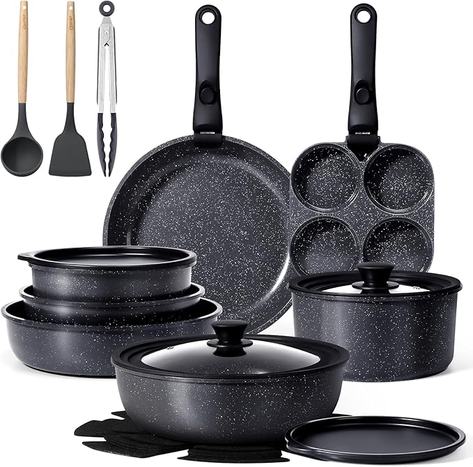 GiPP Ceramic Pots and Pans Set Non Stick, Nonstick Detachable Handle Cookware Sets, Healthy Non Toxic PFAS PFOA & PTFE Free, Dishwasher &Oven Safe, Induction Kitchen Pot and Pan, 21 Piece Grey