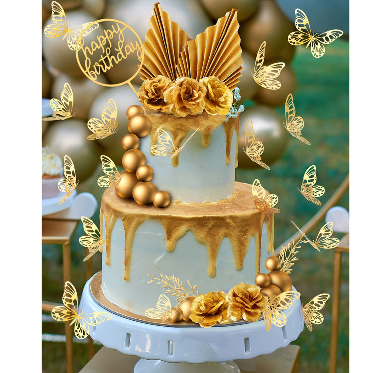 52 Pcs Gold Happy Birthday Cake Topper Decoration Boho Wedding Cake Topper Rose Flower Butterfly Palm Leaves Balls Birthday Decoration for Women Men Party Decor