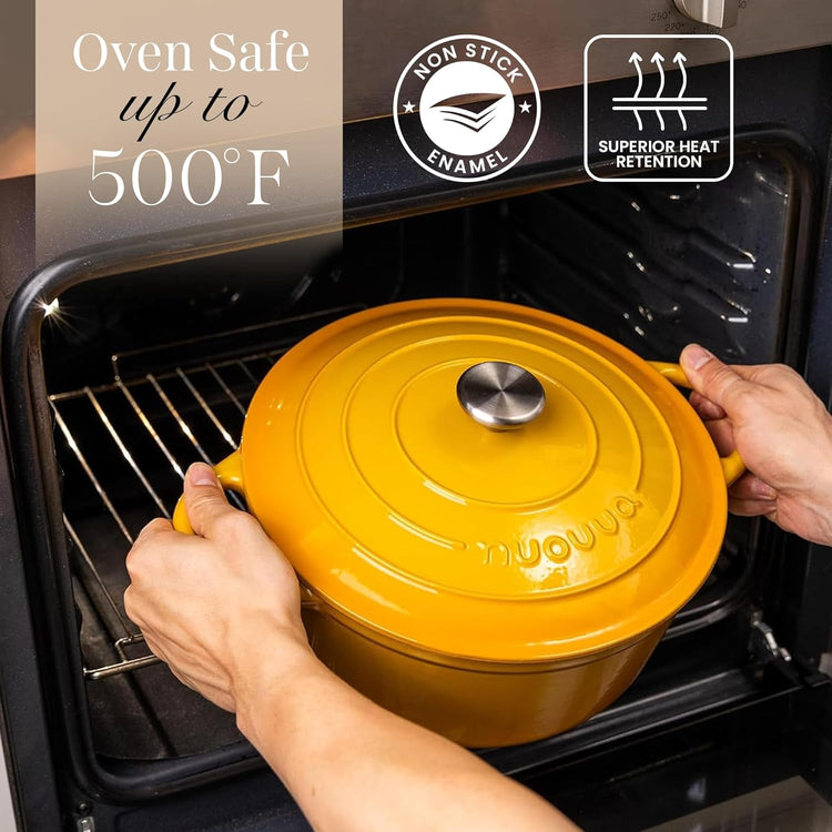 Nuovva Enamelled Cast Iron Dutch Oven Pot with Lid 6.4 Quart Non Stick Casserole Pot – Heavy Duty & Oven Safe up to 500° F for Bread Baking, Braising, Stews, Roasting – 28cm Yellow - Nestoria