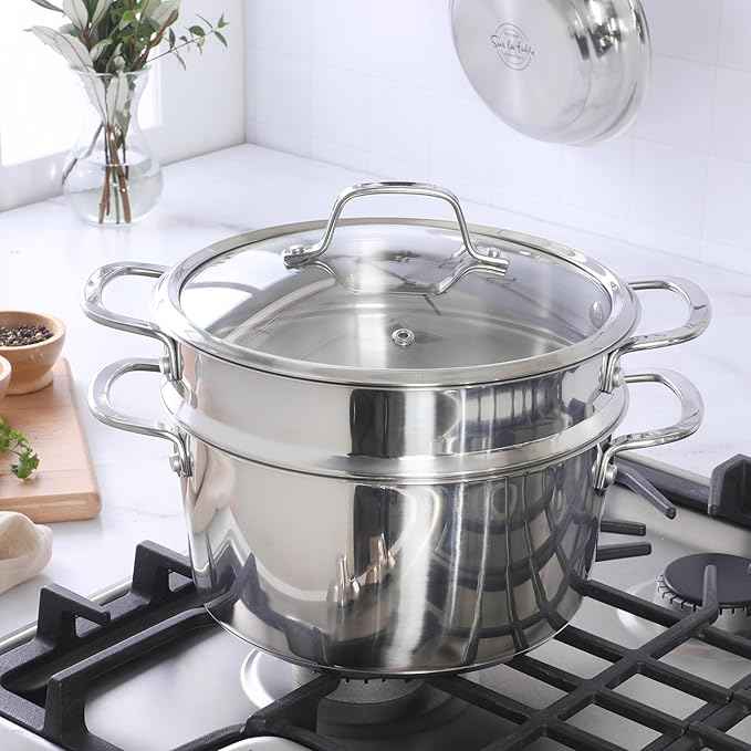 Sur La Table Kitchen Essentials Chef's Deck 3-Piece 5.3-Quart Stainless Steel Dutch Oven with Steamer Insert & Glass Lid – Induction Ready, Tri-Ply Base, Polished Finish & Hollow Stay-Cool Handles
