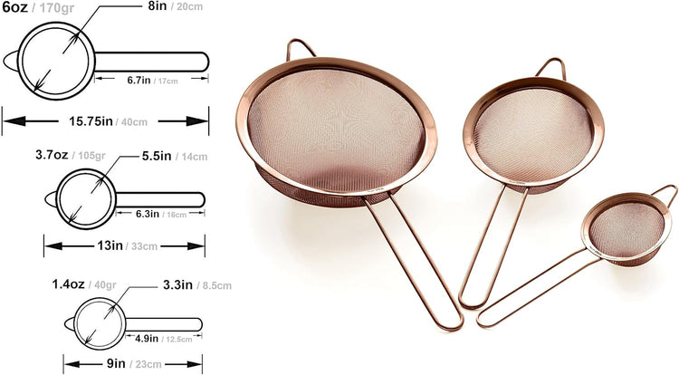 Strainer Set Fine Mesh – Premium 304 Stainless Steel (18/8) – 8″, 5.5″ and 3.3″ Sturdy Kitchen Strainers (Copper)