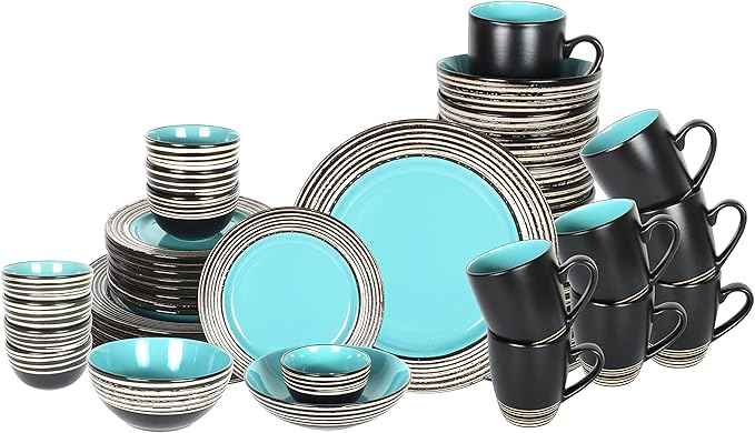 48 Piece Dinnerware Set, Ceramic Plates and Bowls Sets for 8, Microwave and Dishwasher Safe, Handcrafted Tree Bark Series Dish Set, Turquoise