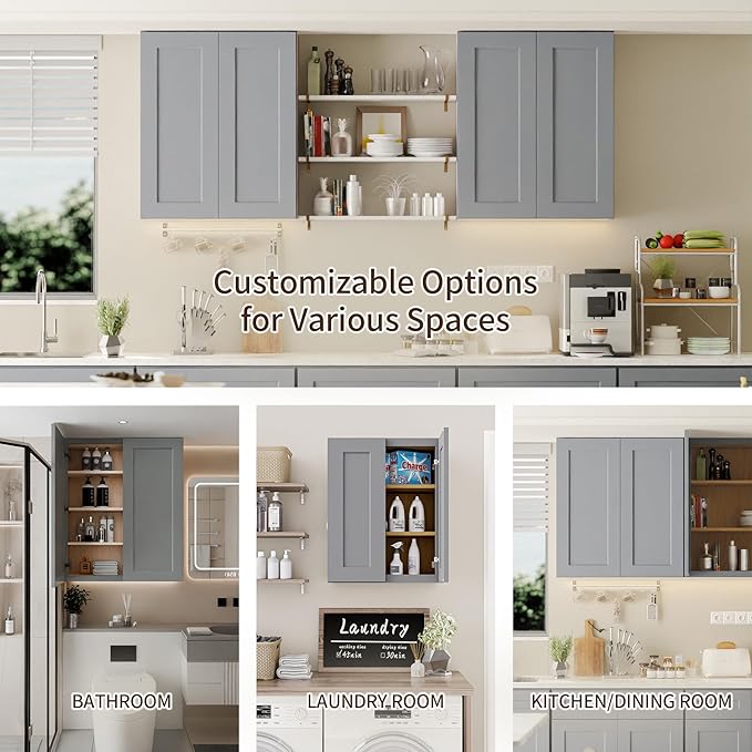 Solid Wood Kitchen Wall Cabinets, 24 Inch Wide 12 Deep Over The Toilet Storage Cabinet, Bathroom Organizer Cabinets with 2 Shaker Door & 3 Shelves, Easy Assembly for Laundry Room - Grey