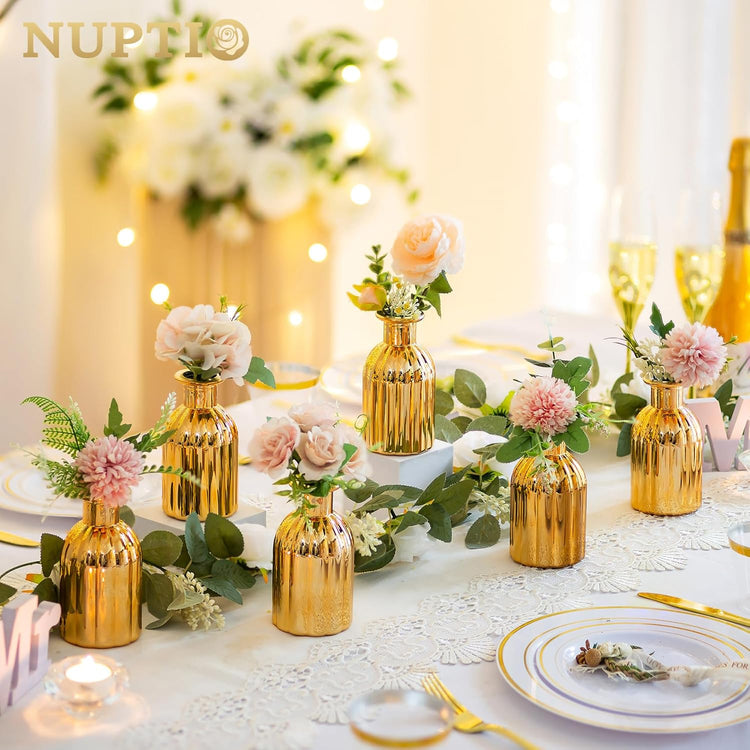 NUPTIO Bud Vases Small Gold: 12 Pcs Glass Vase Set in Bulk for Flowers - Mini Vintage Flower Bottle Single Assorted Vases for Wedding Table Centerpieces