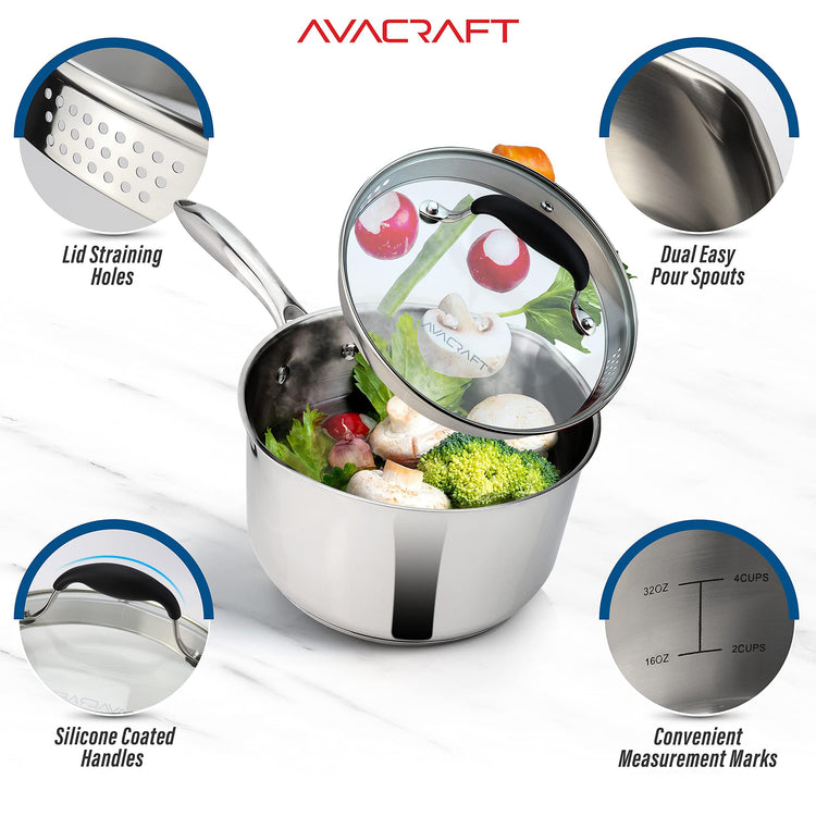 1.5 Quart Stainless Steel Saucepan with Glass Strainer Lid
