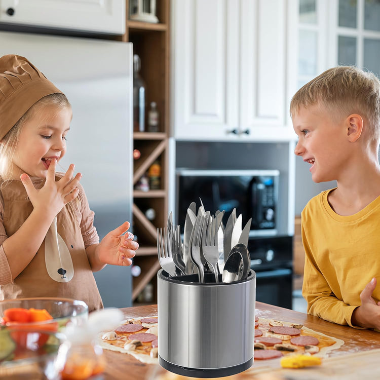 Kitchen Utensil Holder Silverware Organizer 360°Rotating For Counter Organizer Stainless Steel Storage Silverware Caddy 3 Compartment Flatware Spoon Spatula Tool Cutlery Container(Silvery)