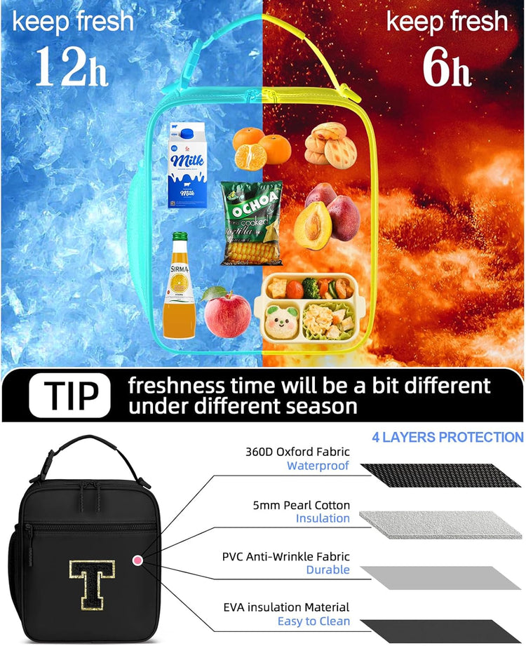 Initial Insulated Lunch Bag for Boys Kids, Back to School Gift, Reusable Leak-proof Lunch Box with Adjustable Strap for School Daycare Travel Picnic(Black,T)