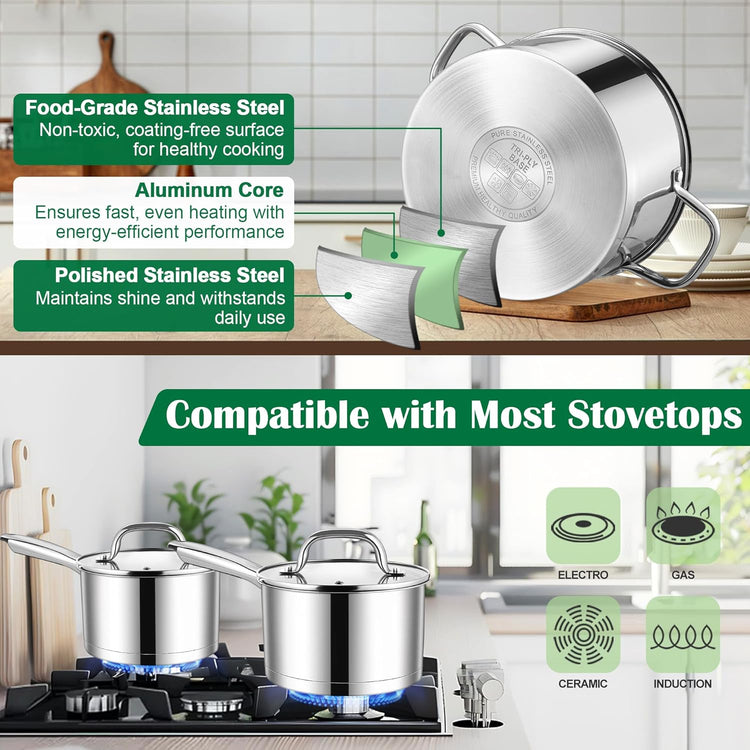 E-far 10-Piece Stainless Steel Cookware Set, Induction Pots and Pans Set with Tri-Ply Base, Non-toxic Kitchen Cooking Set w/Frying Pan, Saucepan, Saute Pan, Stockpot with Lids, Oven & Dishwasher Safe