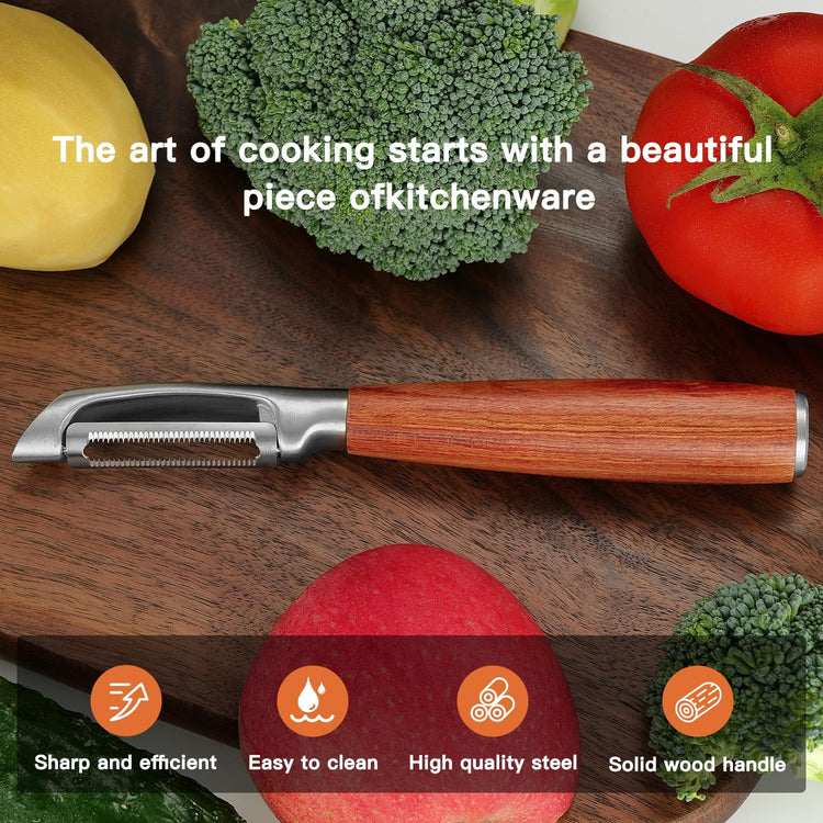 KULUNER,Premium High-End Rosewood Handle and 304 Stainless Steel Serrated Blade - An Ultra-Sharp Rotating Peeler for Potatoes, Fruits, and Vegetables, Ergonomically Designed for Easy Peeling.
