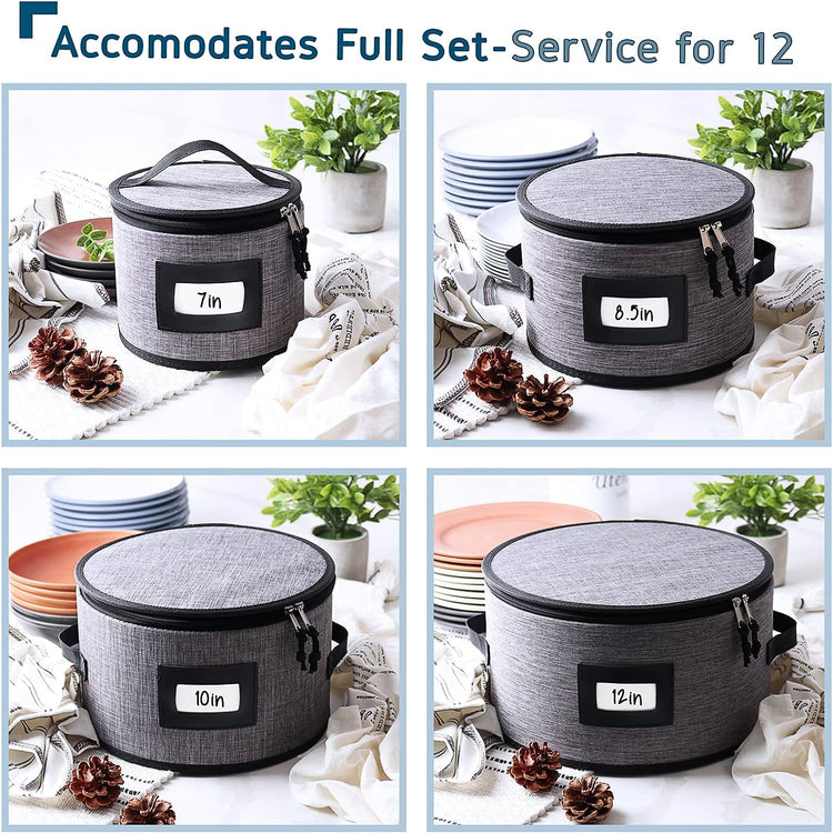Fine China Storage Containers, 5 Piece Quilted Dish Storage Containers, Mug, Cup, and Plate Dish Organizer with Felt Dividers, Service of 12 Dinnerware Boxes for Moving, Seasonal Organization, Grey