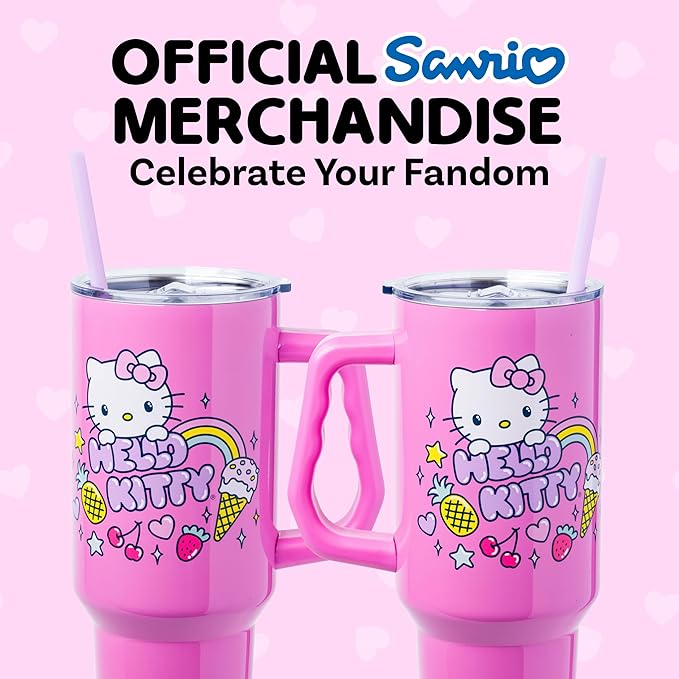 Silver Buffalo Sanrio Hello Kitty Summer Double Walled Stainless Steel Tumbler with Handle, Fits in Standard Cup Holder, 40 Ounces