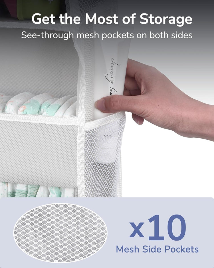 ULG 1-Pack Over Door Organizer with 5 Large Pockets 10 Mesh Side Pockets, 44 lbs Weight Capacity Hanging Storage Organizer with Clear Window for Bedroom Bathroom Kitchen, RV, Camper, Beige