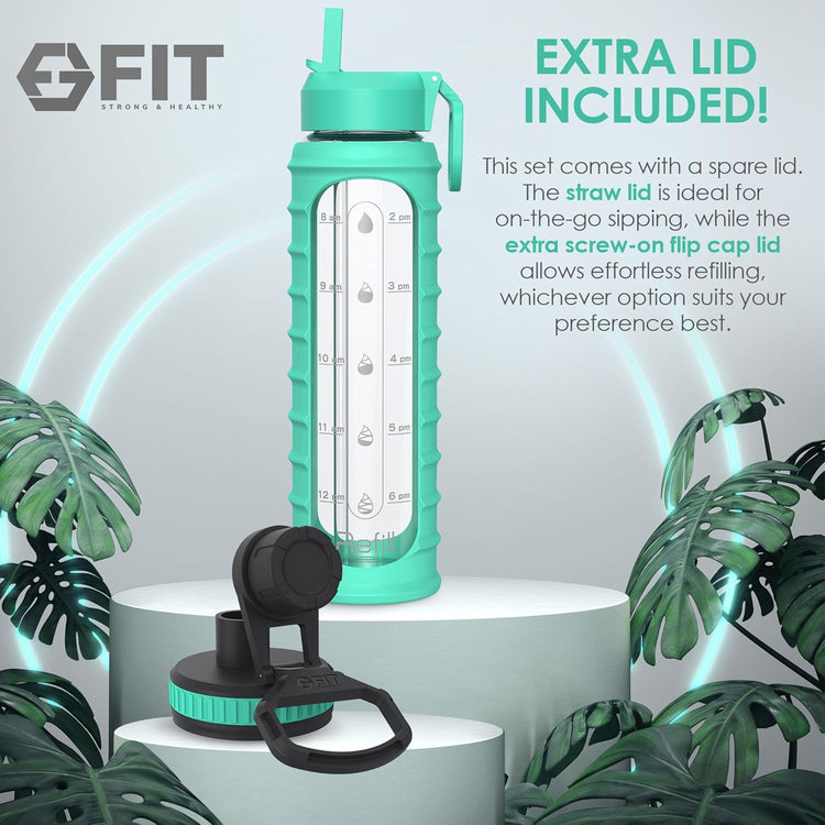 FIT Strong & Healthy 32 oz Glass Water Bottle with Straw Lid, Time Marker, Sleeve & Extra Lid - Motivational, Wide Mouth 1 Liter Glass Drinking Bottle