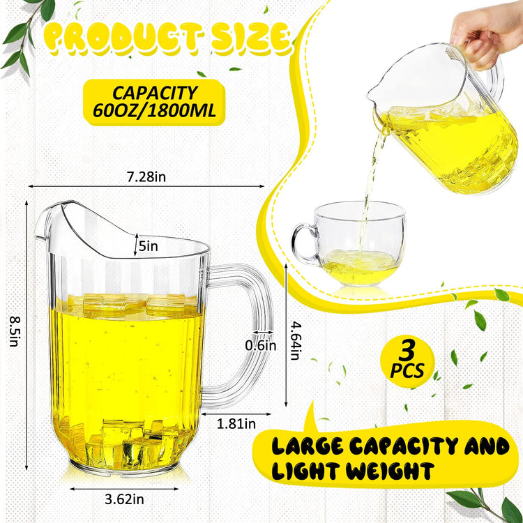 Tessco 3 Pcs Plastic Pitchers 60 Oz Clear Water Beer Jug Large (3 Count)