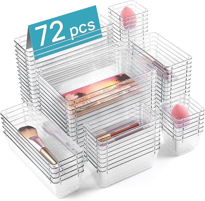 Vtopmart 72 PCS Clear Plastic Drawer Organizers Set, 4-Size Versatile Bathroom and Vanity Organizer Trays, Non-Slip Storage Containers for Makeup, Jewelries, Bedroom,Kitchen Utensils and Office