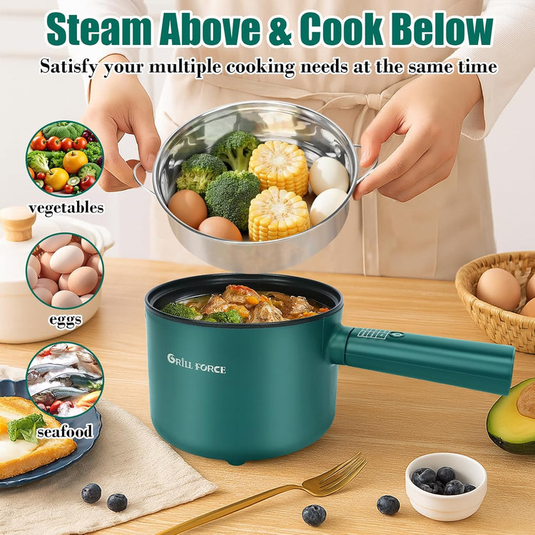Hot Pot Electric with Steamer,6 Smart Modes, 1.8L Ramen Cooker, Portable Cooker, Non-Stick Frying Pan, Sauté Pan, Electric Pot for Pasta, Egg, Steak, BPA Free, College Dorm Room Essential