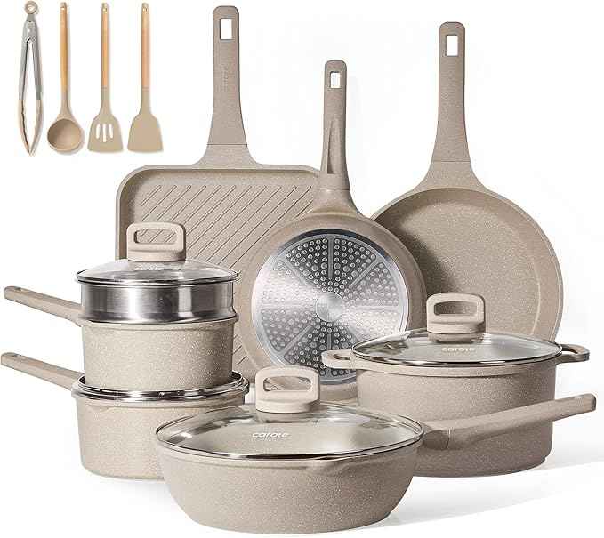 CAROTE Pots and Pans Set Non Stick, 16Pcs Kitchen Cookware Set, Stackable Induction Cookware, Pot and Pan set, Pans for Cooking, Taupe Granite,Pots and Pans Set Non Stick,
