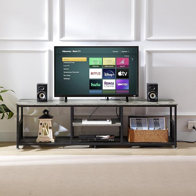 VECELO TV Stand with Power Outlets for Televisions up to 80Inch, 70" Media Entertainment Center with Charging Station 3-Tier Open Storage Shelves with Metal Frame for Living Room/Bedroom,Grey