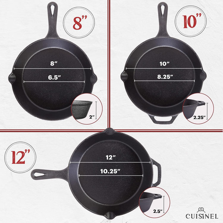 Cuisinel Cast Iron Skillets Set with Lids - 8"+10"+12"-inch Pre-Seasoned Covered Frying Pan Set + Silicone Handle and Lid Holders + Scraper/Cleaner - Use Cookware Indoor/Outdoor, Oven, Stovetop, Fire - Nestoria
