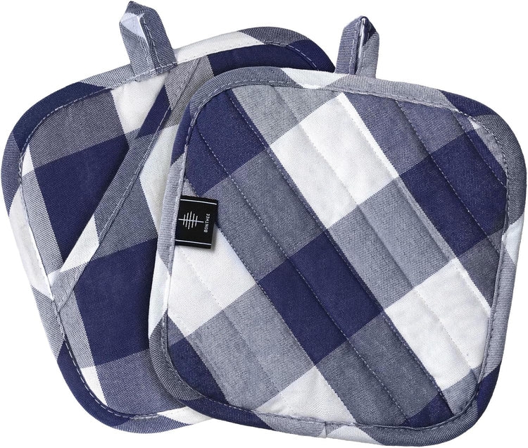 Cotton Pot Holders for Kitchen Heat Resistant Potholder, Hot Pads, Trivet Coaster Non-Slip Potholders Set for Cooking and Baking (2, Blue Plaid, Square,8.27 in²)
