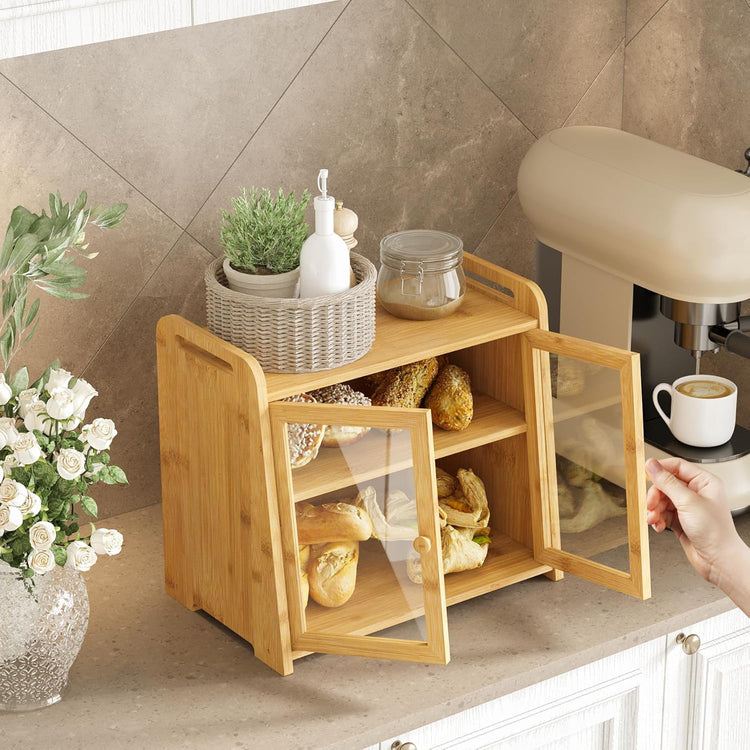 AMBIRD Bamboo Bread Box 20L Large Capacity with Clear Acrylic Doors - Double Layer Food-Safe Bread Storage with Air Vents and Side Handles - Keep Bread Fresh and Counter Clutter-Free