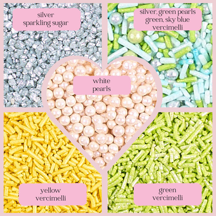 Edible Sprinkles for Cakes & Cupcakes Decoration Assorted pack of 5 Summer Fun Sprinkles Mix White Dragees Green Yellow Blue Jimmies Silver Sparkling Sugar (5 Ounce)