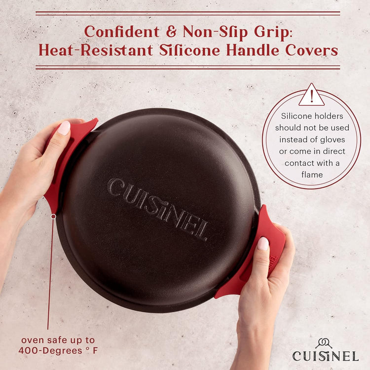 Cuisinel Cast Iron Dutch Oven - 5-Quart Deep Pot - Preseasoned 2-in-1 Multi-Cooker - Combo Lid Doubles as 10"-inch Skillet Frying Pan + Silicone Handle Covers + Scraper - Indoor/Outdoor Bread Cookware - Nestoria