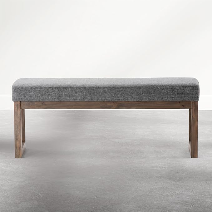 SIMPLIHOME Milltown Large Ottoman Bench - 44 inch Wide Upholstered Linen Look Fabric Rectangle Footstool Ottoman in Parisian Grey, Contemporary Bench for Entryway with Cushioned Seat, Assembled