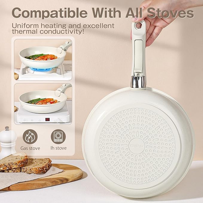 GiPP Ceramic Pots and Pans Set Non Stick, Nonstick Detachable Handle Cookware Sets, Non Toxic Induction Kitchen Pot and Pan with Removable Handle, Healthy RV Cookware, Dishwasher &Oven Safe, 7 Piece
