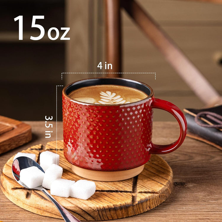 GBHOME 15OZ Stackable Coffee Mugs, Ceramic Coffee Cups with Texture Patterns for Man,Woman,Dad,Mom, Modern Coffee Mugs Set of 4 for Latte/Cappuccino/Cocoa. Dishwasher&Microwave Safe, Red