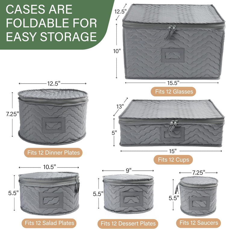 LotFancy China Storage Containers - Quilted 6-Piece Set Storage Box- Stores Chinaware, Stemware, Dinnerware, Dish Storage Service for 12, 48 Pcs Felt Protectors, Cardboard Dividers Included
