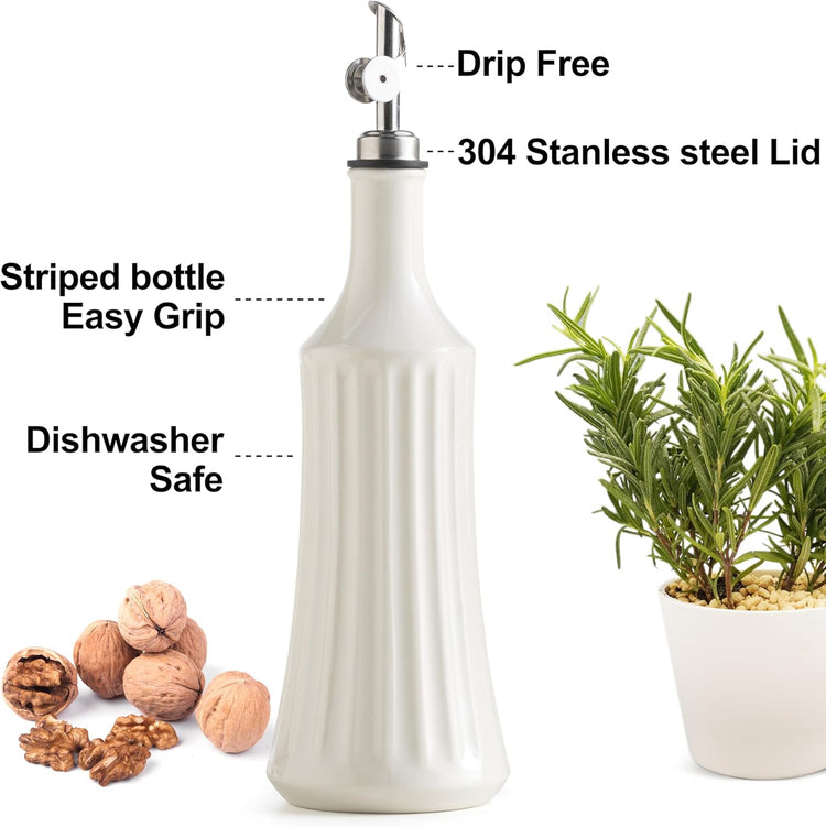 LYEOBOH Olive Oil Dispenser Bottle, Oil Dispenser for Kitchen, Ceramic Cooking Vinegar Dispensing Bottles with Spout, White