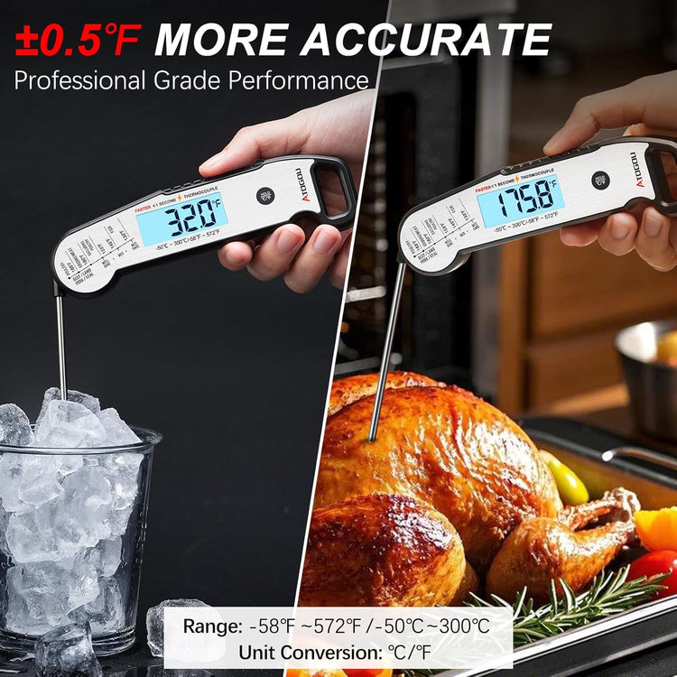 Professional Food & Meat Thermometer, 1 Sec Instant Read & ±0.5℉ Accuracy Driven by Thermocouple Sensor. IP67 Waterproof Digital Thermometer for Cooking, BBQ, Grill Gifts for Men Him Dad Birthday